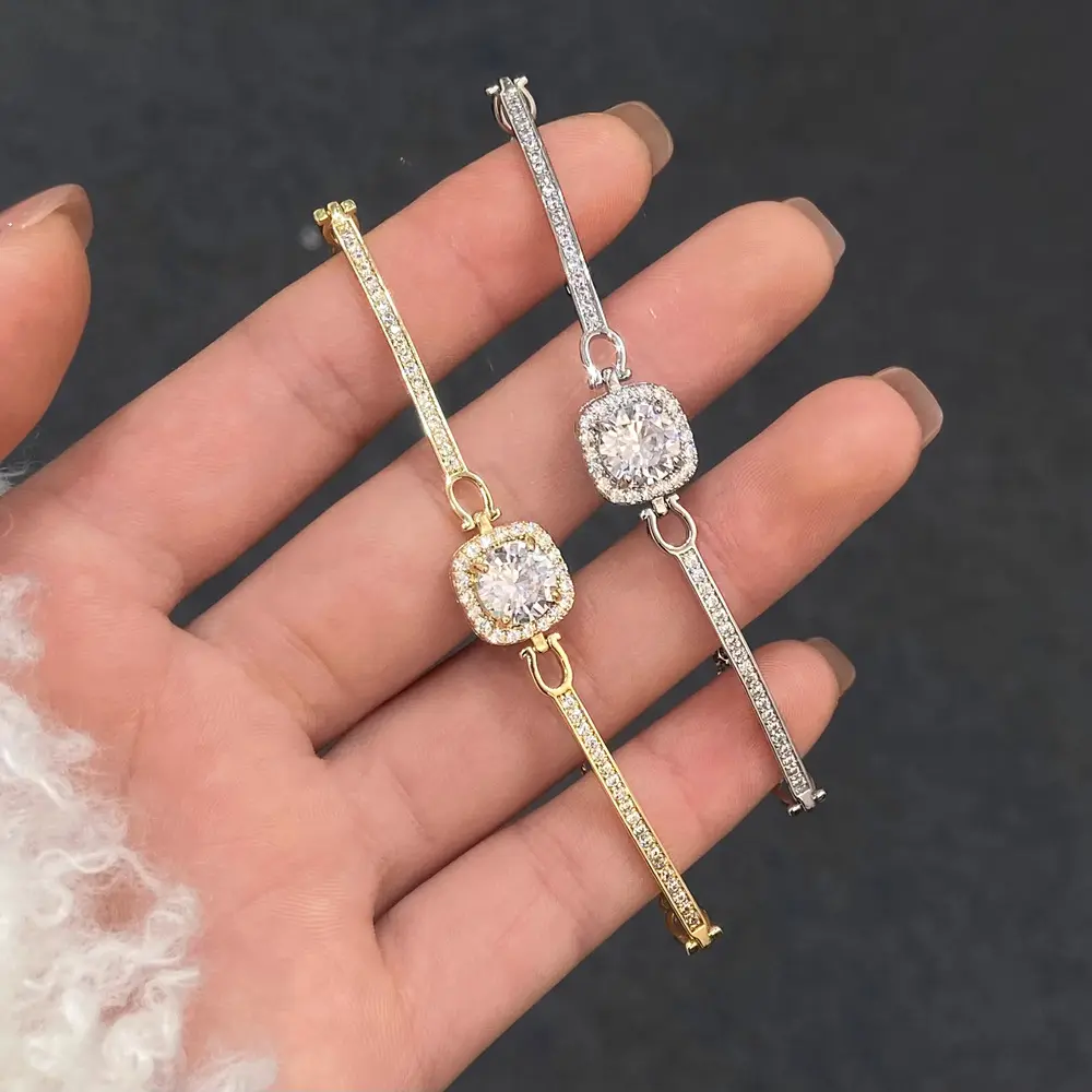 Women's Elegant Gold Bangle Bracelet with a Princess Square Cut Cubic Zirconia, Adjustable Fashion Jewelry, A140--Additional Chain Adjustable--Gold, Brass, Brass Base, Zirconia Gem