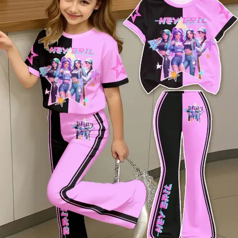 2-Piece Girls' Casual Q-Style Loose T-Shirt with Bell Pants, Tee Pants Set, Matching Sets, Perfect for Back-To-School, Concerts, Daily Wear, Summer Clothing