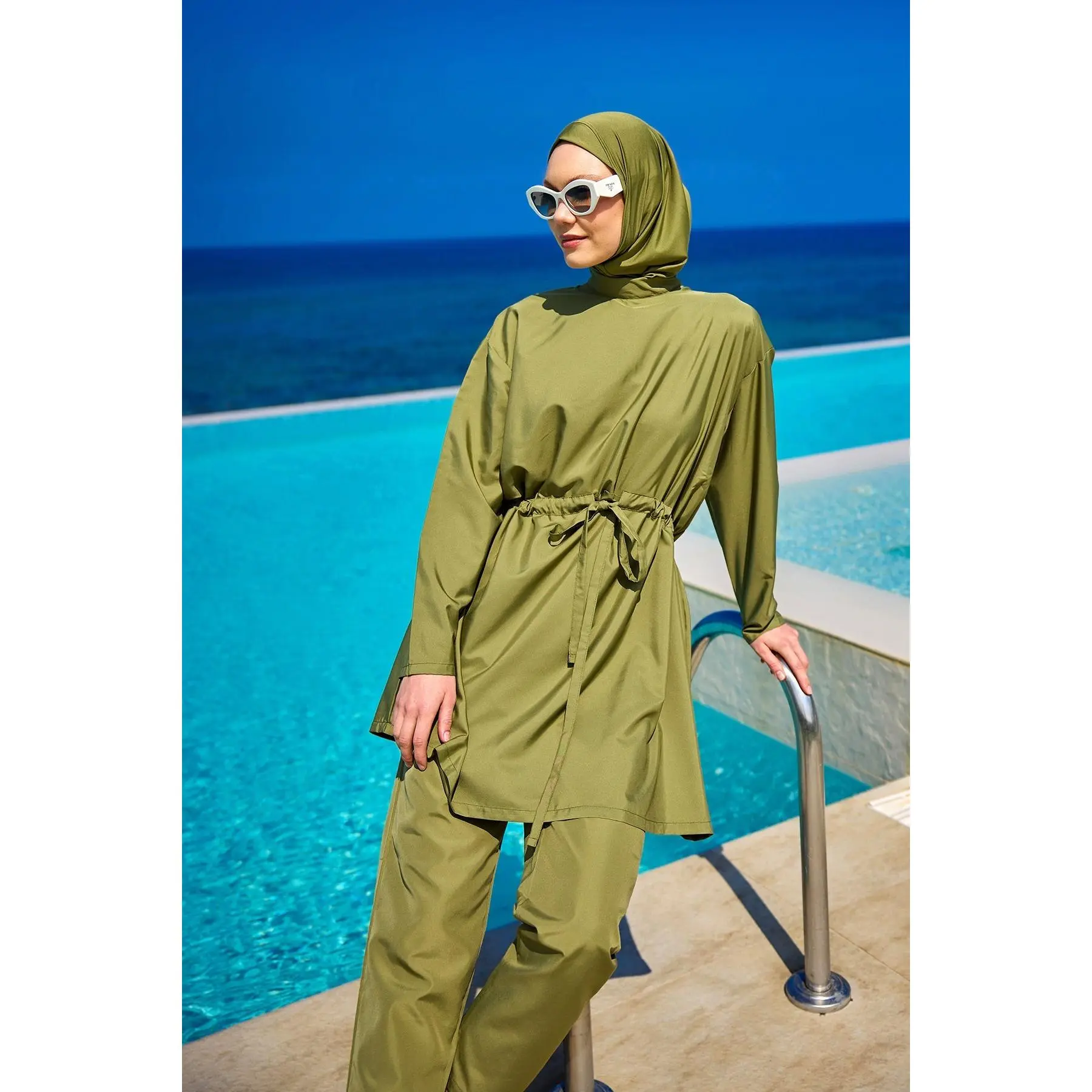Women's Burkini Set - Elegant 3-Piece High Neck Full Coverage Polyester Swimsuit with Ruched Tunic, Pants & Cap, Quick-Drying for Pool & Beach, Lightweight, Modest, Quick-Drying Special Fabric, Elastane, Prevents Water Absorption
