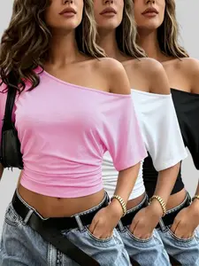 Women's Off-Shoulder Short Sleeve Top Set, Three-Piece, Pleated Side Fit Basic Tee, Casual Solid Summer T-Shirt, Womenswear
