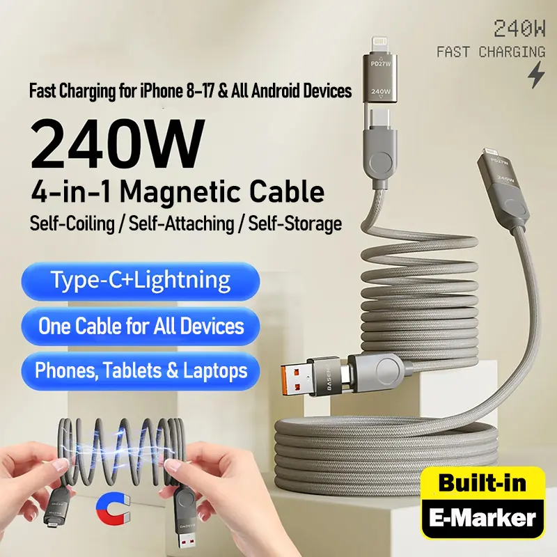 4-in-1 240W Magnetic Self-Retracting Fast Charging Cable, 1.2m Tangle-Free Braided Charging Cord, USB-A + Type-C to Type-C + Lightning, 480Mbps Data Sync, Compatible with iPhone & Android Car Charging