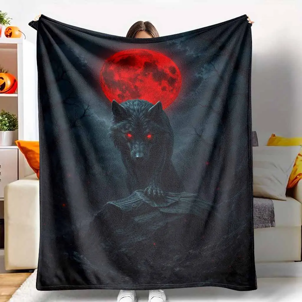 Gothic Theme Dark Wolf Red Moon Flannel Blanket - Fading-Resistant Flannel Fabric, Soft, Warm, Lightweight Plush Throw, Multi-Size Home & Outdoors Decor for Sofa, Bed, Camping, Halloween Party Gift, Fading Resistance, Plush Texture