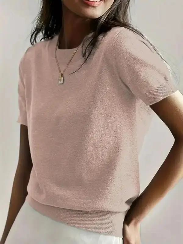 Women Solid Color Short Sleeve Crew Neck Sweater Minimalist Fitted Knit Pullover for Spring Fall Casual Daily Wear Fashion Soft Lightweight Layering Top