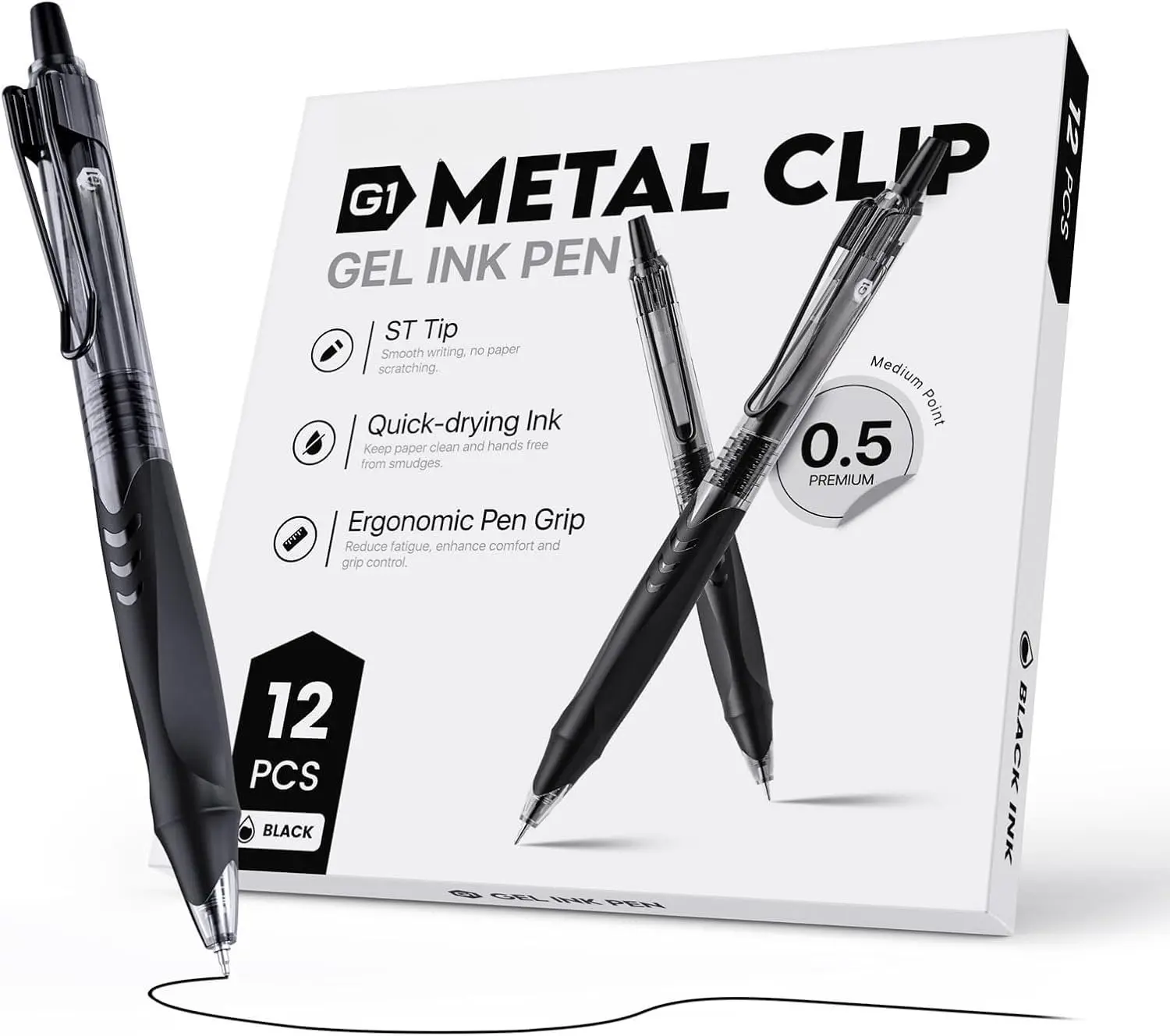 12 Pack Black Gel Pens, Quick Dry Black Ink Pens, 0.5mm Fine Point Retractable Smooth Writing Pens for Journaling, Writing, Business Gel Pen for Office School &  Supplies(Black)
