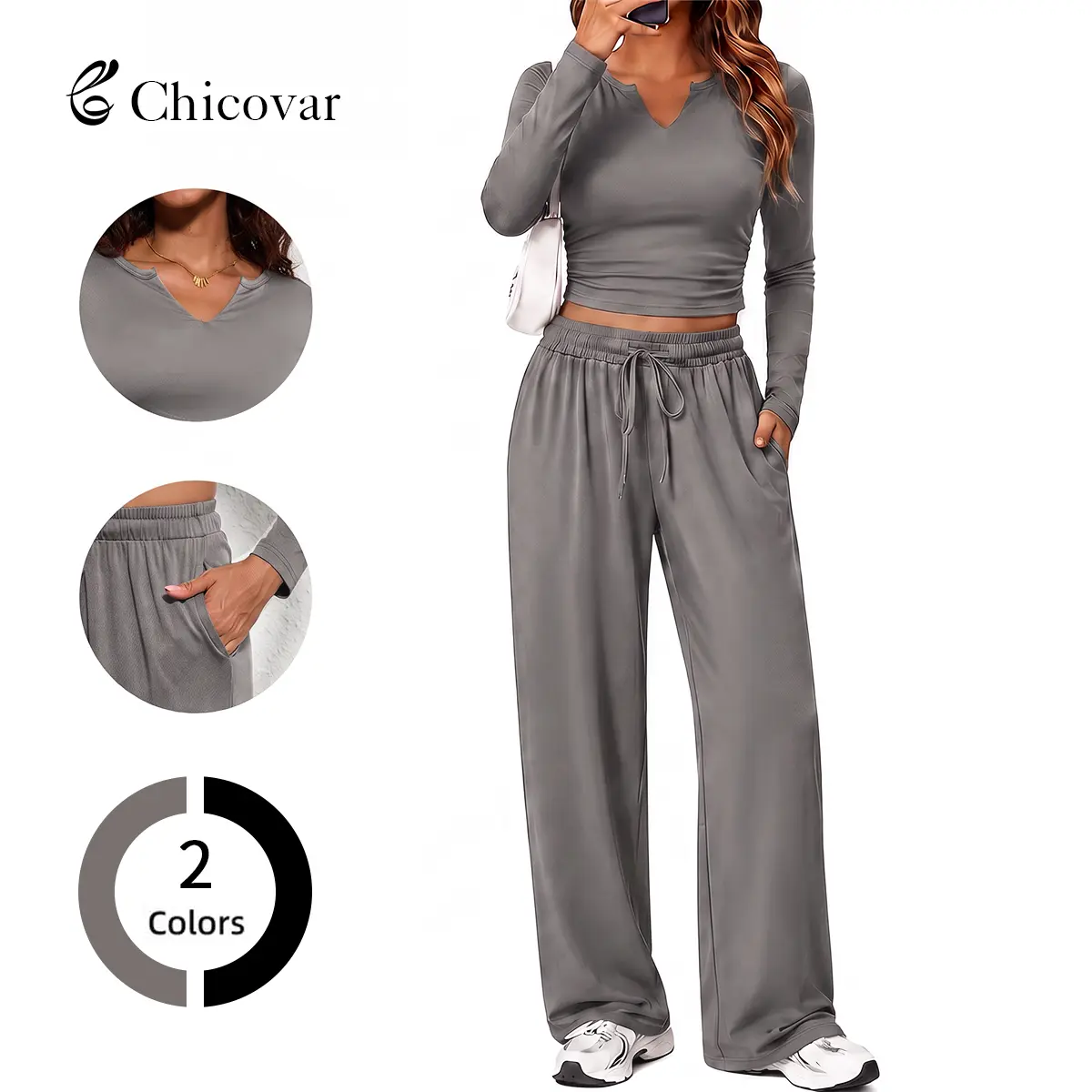 Chicovar Women's 2 Piece Lounge Set Long Sleeve V Neck Top and Drawstring Wide Leg Pants Casual Matching Outfit Soft Stretch Travel Tracksuit with Pockets