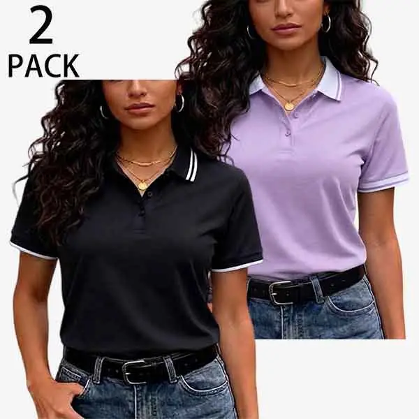 Women’s Polo Shirt, Short Sleeve, Color Block Design, Buttoned Collar, Slim Fit, Casual Top, Lightweight, Breathable, Suitable for Gym and Outdoor Walks