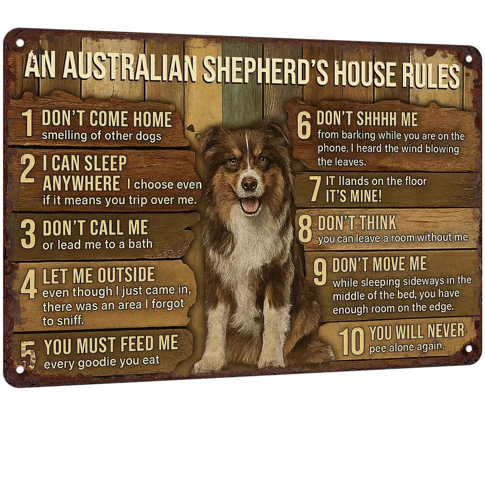 Australian Shepherd s House Rules Metal Tin Sign 8x12 Inch Vintage Wall Decor for Home Garage Bar Farmhouse Funny Retro Dog Themed Wall Art Gift for Pet Lovers