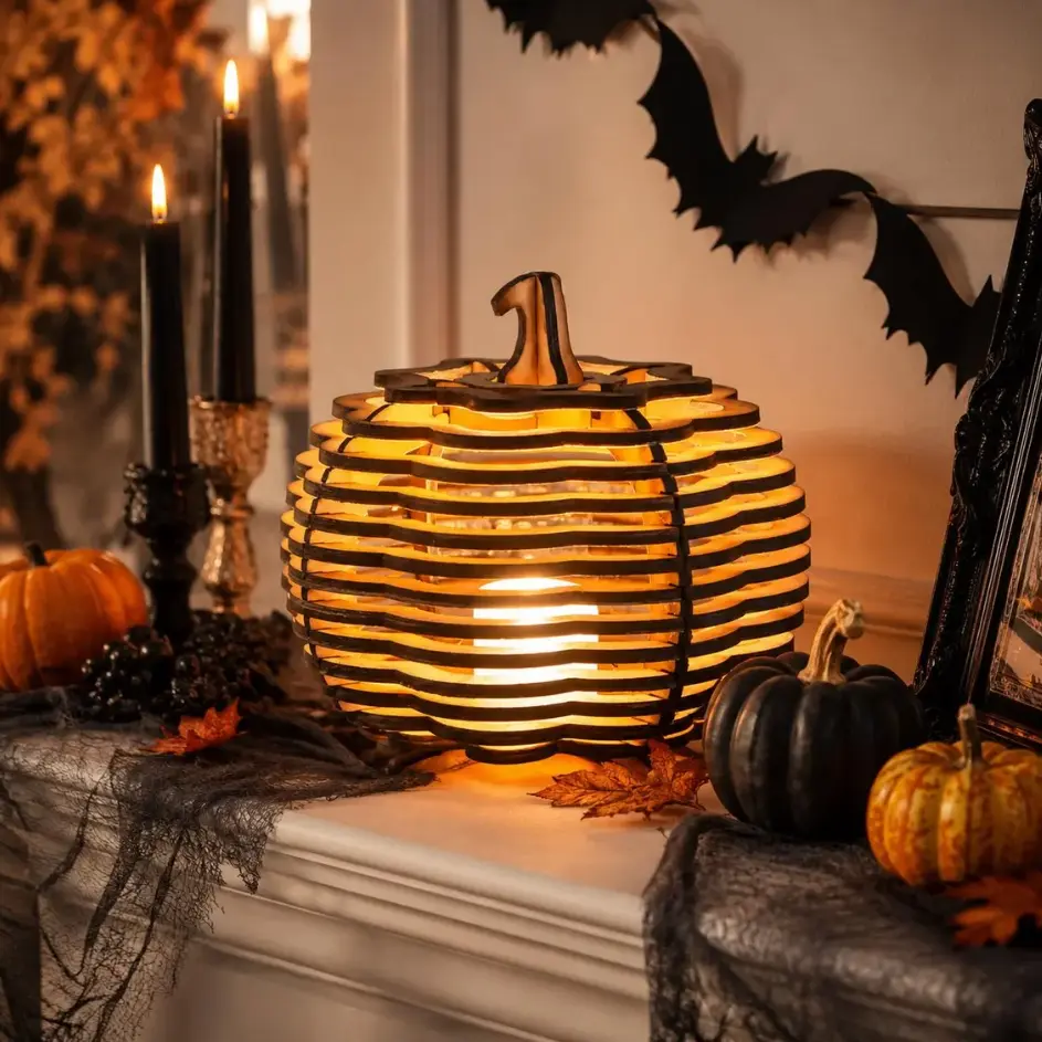 Halloween Pumpkin Lantern Light, Rustic Hollow Carved Pumpkin Decor with Warm LED Glow, Spooky Fall Tabletop Decoration for Home, Mantel, Fireplace, Party, Indoor Outdoor Decorations, Laser Cut Wooden Pumpkin Lantern, Rustic Fall Halloween Mantel Decor