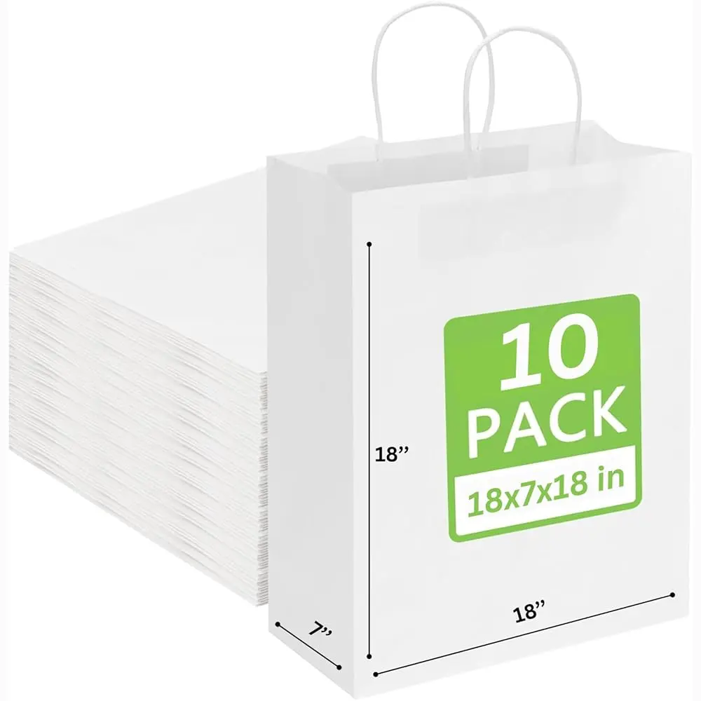 Jet Paper Bags Large White Kraft Bags for Takeout & Gifts - 18x7x18 Inch, 50 Pack