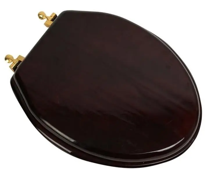 Designer Solid Elongated Oak Wood Toilet Seat with Polished Brass Hinges, Mahogany Toilet Seats & Covers, 18.5 Inches, 9 lbs