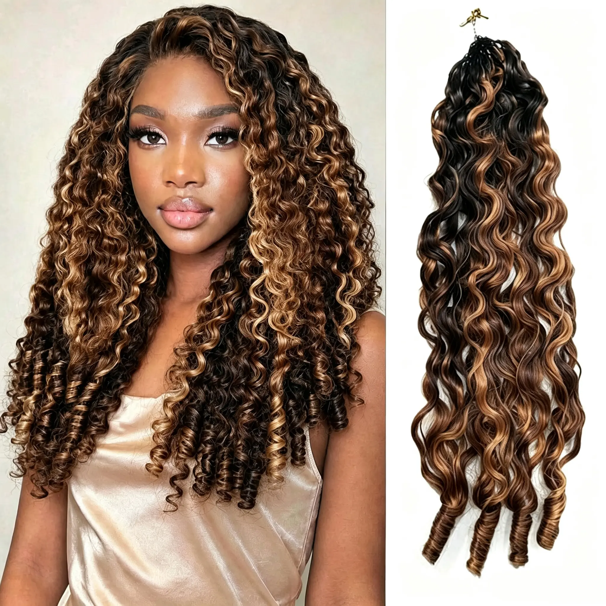 Bling Hair 1B/4/27/30 Ombre Burmese Curly Crochet Hair Miracle Knots Colored Human Hair Bundles with Spiral Ends for Boho Braids Feather Crochet Hair Extensions Brazilian Remy Human Hair Full Head 1/2/3/4/5 Packs