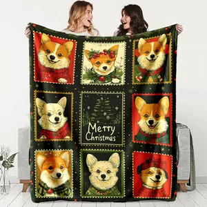 Christmas Corgi Postage Stamp Flannel Blanket, Soft Lightweight Warm, Perfect for Bed Sofa Office Camping Travel, Winter Christmas Gift
