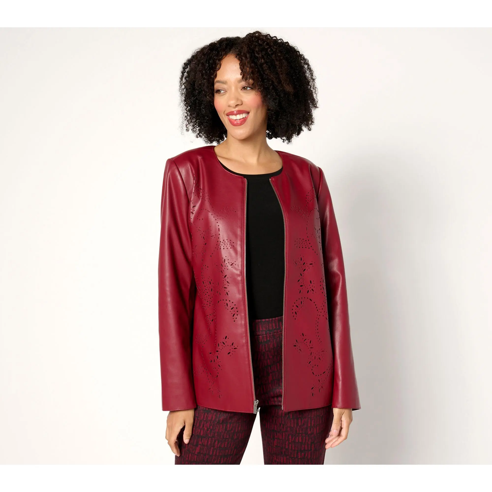 Susan Graver Regular Faux Leather Jacket with Laser Cut Detail Susan Graver Regular Faux Leather Jacket with Laser Cut Detail