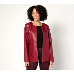 Susan Graver Regular Faux Leather Jacket with Laser Cut Detail Susan Graver Regular Faux Leather Jacket with Laser Cut Detail