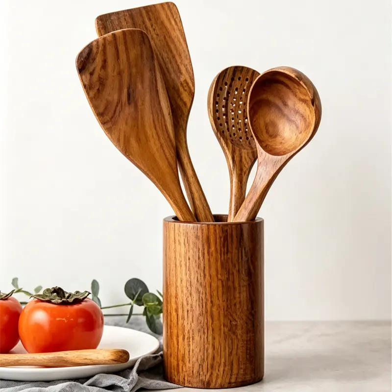 GINETARR Cylindrical teak kitchenware storage cylinder, natural wood grain kitchen chopsticks, knives and forks storage container, household countertop pot, spatula and soup spoon storage bucket