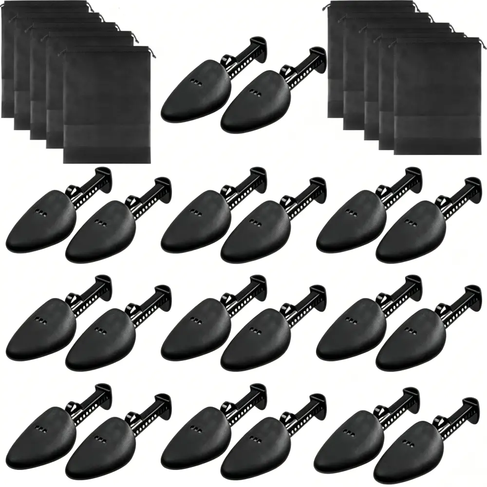 10 Pairs Black Plastic Shoe Stretcher & 10Pcs Shoes Bags for Men, Adjustable Shoe Trees for Men Portable Shoe Tree Shaper Stretchers Holder