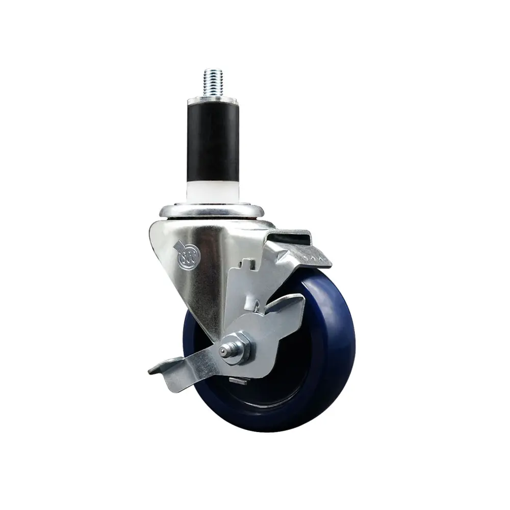 Service Caster SCC-EX20S3514-SPUS-TLB-138 Solid Polyurethane Expanding Stem Swivel Casters - 3.5 in. Blue Wheel, 1.38 in. Stem, Top Locking Brake, 300 lbs Capacity, for Shop Projects, Work Tables