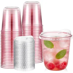 50 Pcs Round Bottom Cups with Sip Lids Clear Disposable Iced for Smoothie Cold Beverage Coffee Shops and Catering(12 oz,Pink)