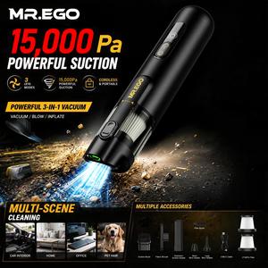 MR.EGO Cordless Portable Car Vacuum Cleaner - 15000Pa Powerful Suction, 4-in-1 Mini Vac, Green LED Light, Type-C Charging, 2 Suction Modes, Ultra-Light for Home, Auto Accessories, Car Detailing, Tools and Gadgets (Black)#SummerWins #DealsForYouDays