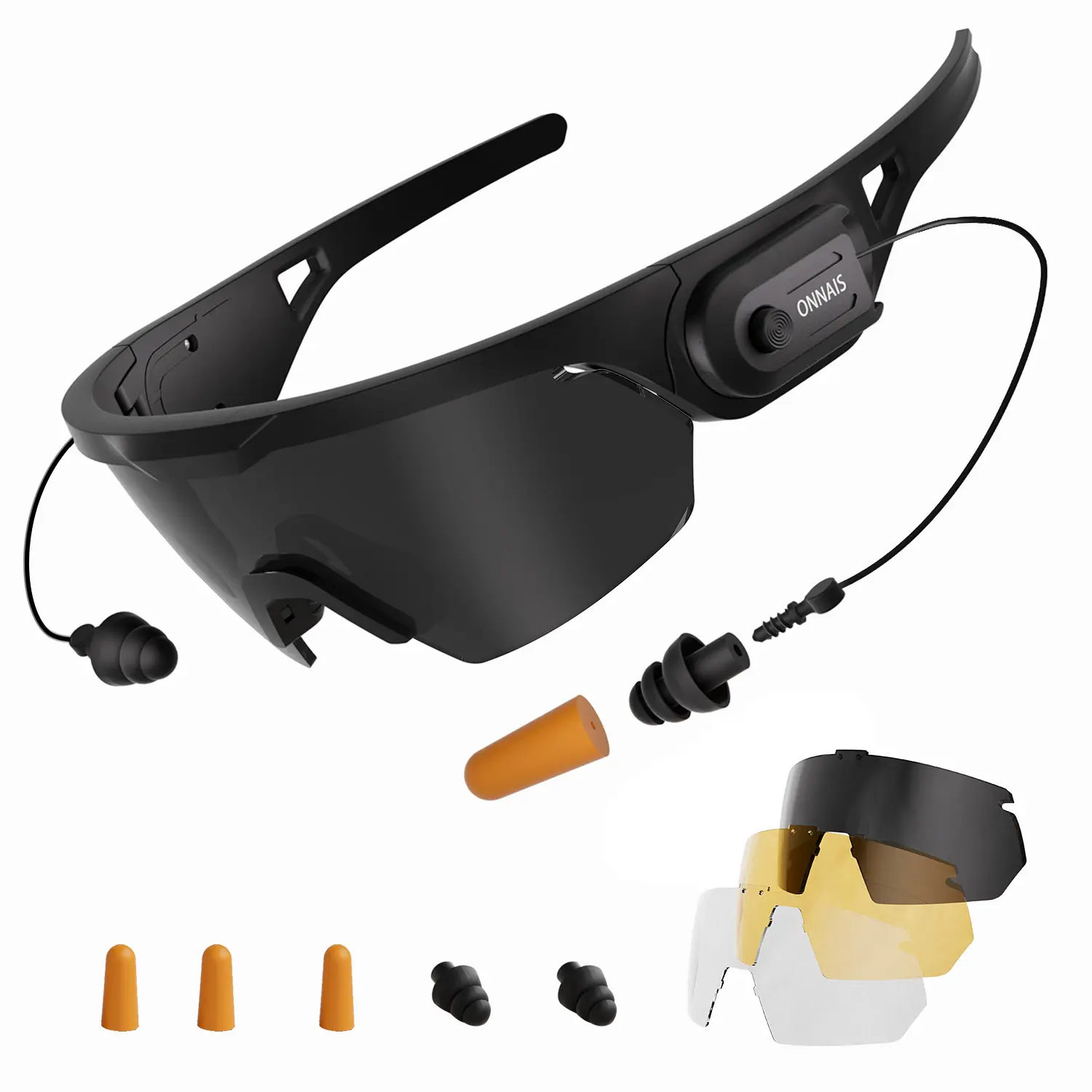 ONNAIS Tactical Wraparound Safety Glasses with Built-in NRR 32dB Ear Defenders, ANSI Z87.1 Anti-Fog Safety Gear with 3 Interchangeable Lenses for Range & Hunting Use, 3-Lens Sports Eyewear, Tactical Look, Sports Protection, Dust Protection Sports Eyewear