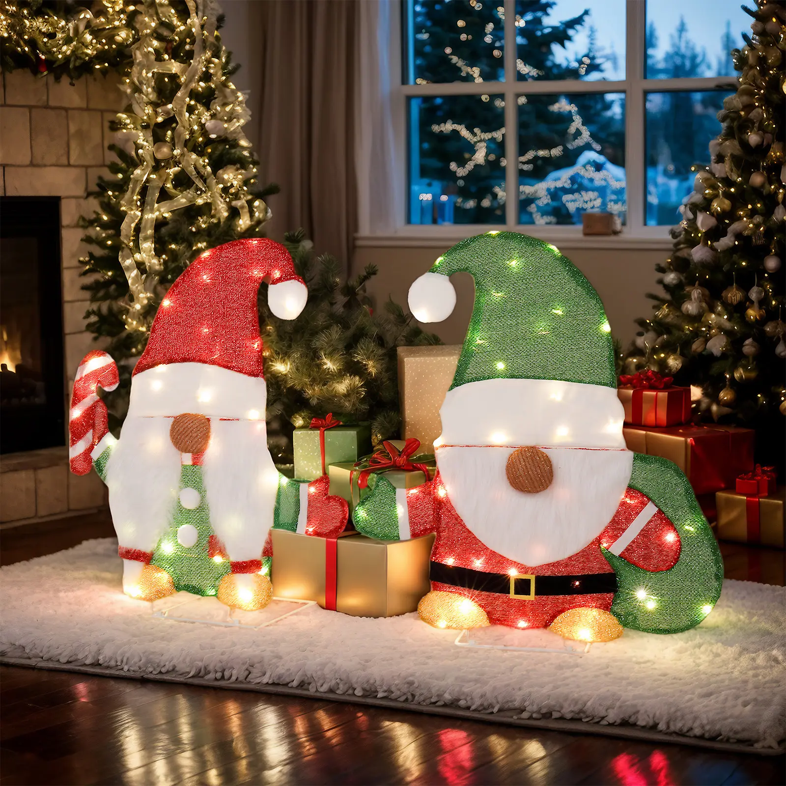 Set of 2 Lighted Gnome and Candy Cane Christmas Decorations, Pre-lit 2D Holiday Decor with 80 Warm White LED Lights for Xmas Outdoor Indoor Decor Lighted Holiday Displays