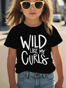 Girls "Wild Like My Curls" Funny Graphic T-Shirt, Kids Short Sleeve Curly Hair Crew Neck Tee