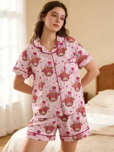 Valentine's Day Women's Animal Print Pajamas, Front Button Design, Short Sleeve & Elastic Waist, Soft Comfortable Cute Sleepwear, Pajama Set