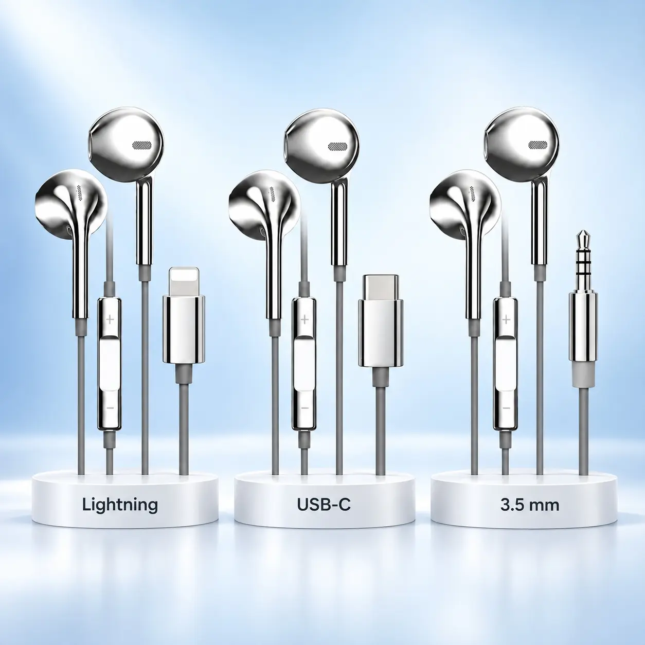 Silver Color Wired 3.5mm Type‑C & Lightning Earphones, In-Ear with Line Control, Compatible with iPhone 15-17 & All Android Phones, Retro Style Wired Earbuds, In-Ear Headphones for Young Adults