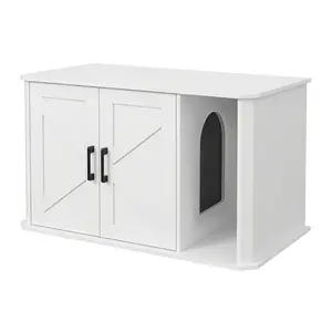 Modern Wooden Cat Litter Box Enclosure, Hidden Cat Washroom Cabinet with Double Doors and Side Entry Design, Large Capacity Multi-functional End Table, Made of Sturdy Particle Board, Easy to Clean and Good for Odor Control, Practical Cat House Furniture