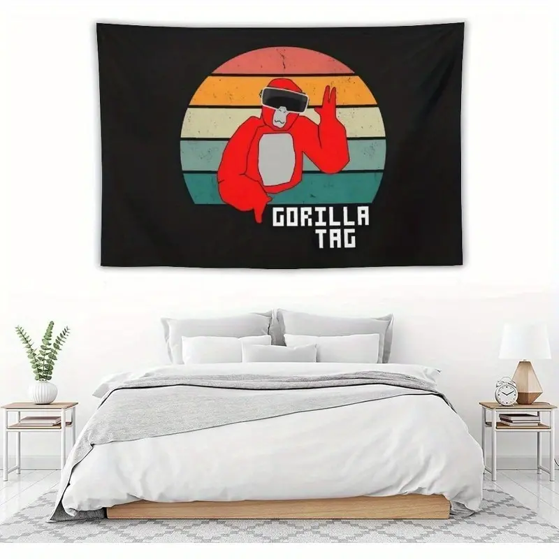 Gorilla Tag Tapestry Banner Poster - Playful Gaming Room Art Decor, VR Character Design, Black Background, Colorful Circles, Durable Polyester Fabric, Indoor Bedroom Decor, Perfect for Dorms, Gaming Spaces, Playful Tapestries