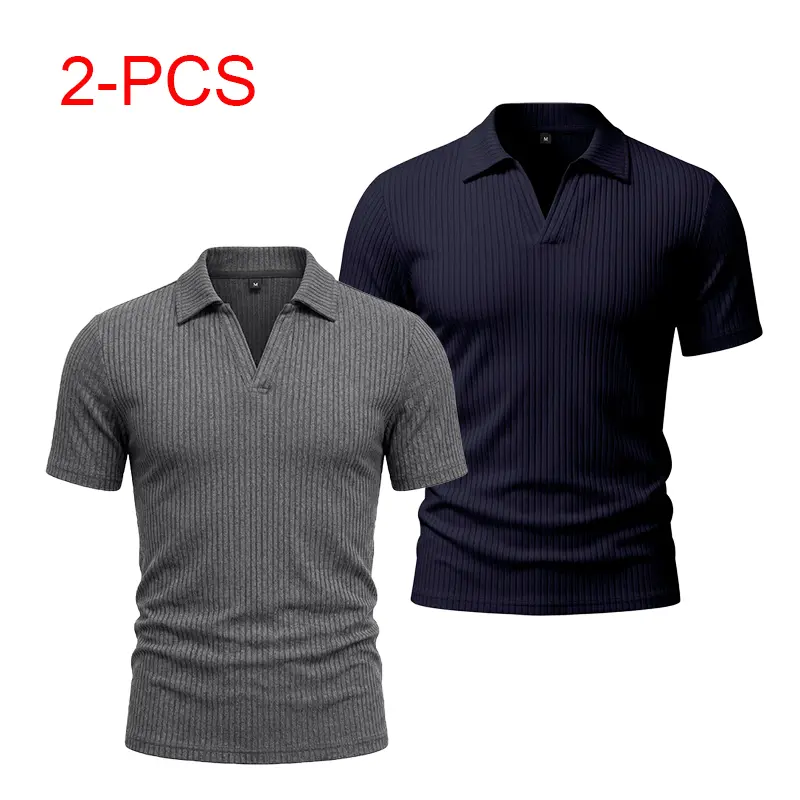 2 Pack Men's Summer Vertical Ribbed Collared Short Sleeve Polo Shirt, Slim Fit V Notch Placket Textured Top, Draped Breathable Business Casual Layering Tee For Daily WearSummerWins