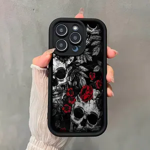 Red Flower Skull Full Series TPU Case for iPhone 17 Pro Max 16 16e 15 14 Plus 13 12 Mini 11 Air X XS Straight Edge Drop-Resistant Rugged Durable Cover Shell Valentine's Day Gift 2D printing