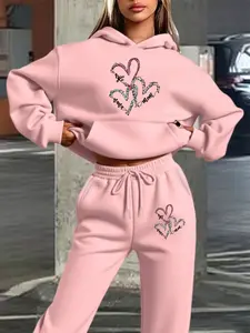 Women's Hooded Sweatshirt Set, Heart & Letter Print, Casual Fall Winter, Sweet and Comfortable Style, Fitted, Daily Wear
