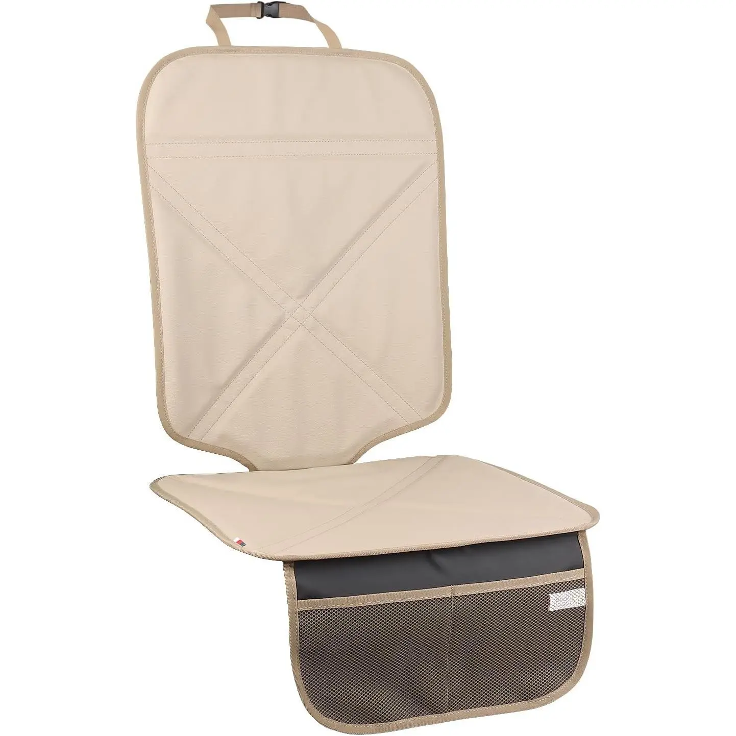 Car Seat Protector Leather Waterproof Child Safety Seat Protector Cover with Thick Pad and 2 Large Pockets Durable Kick Mat for All Auto Seat (Beige)