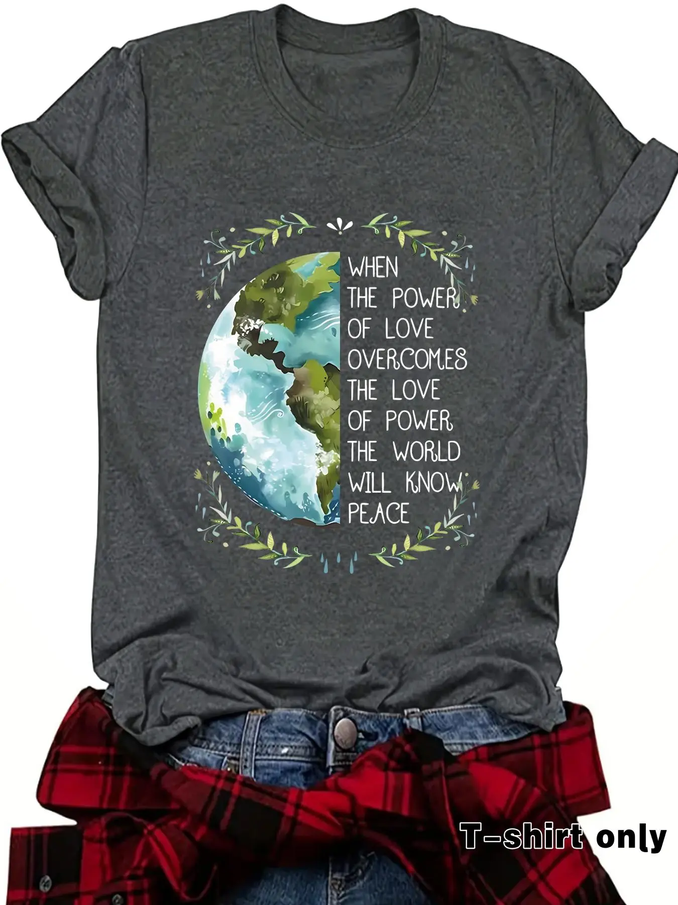 Women's Earth & Inspirational Letter Print Round Neck Fitted T-Shirt, Casual Tees for Daily Vacation Outdoor Wear, Summer Ladies Top