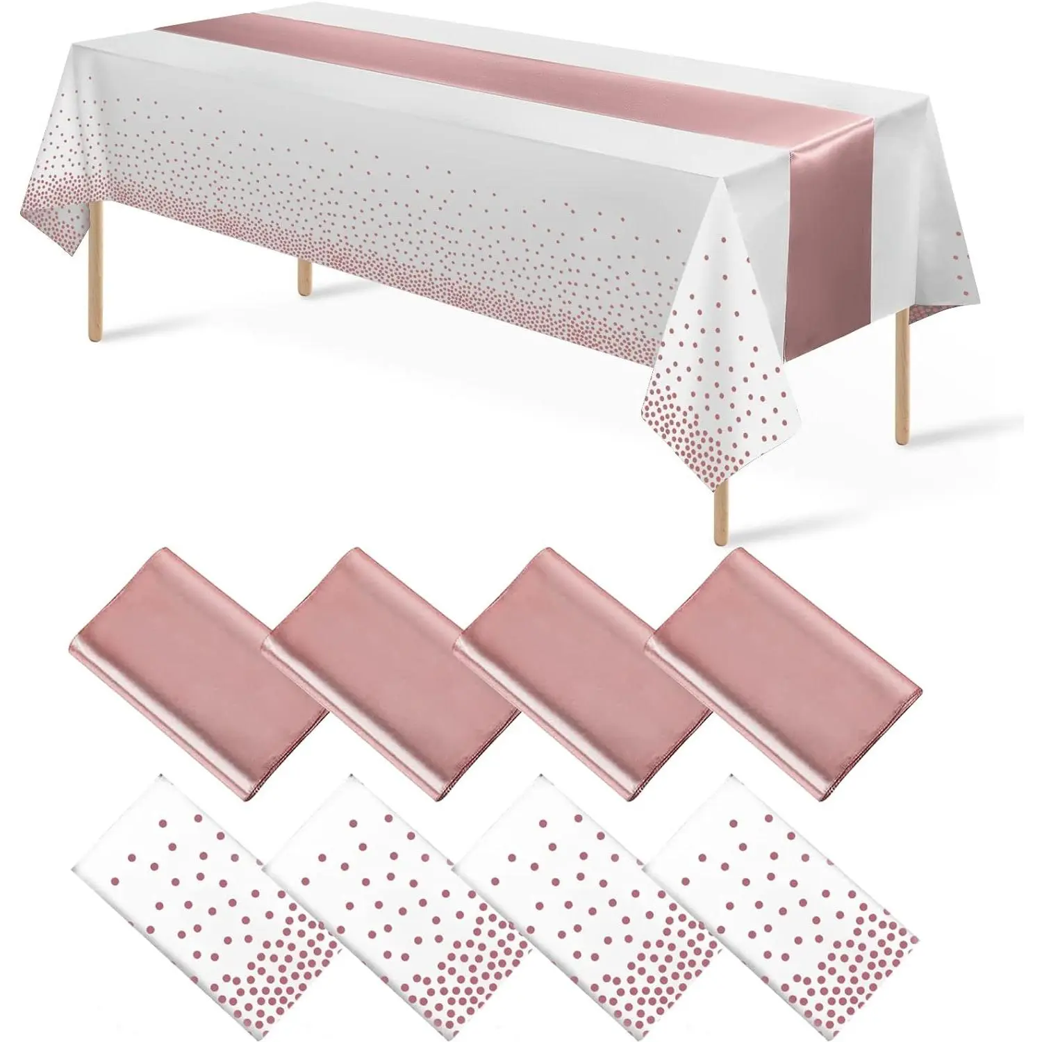 8-Pack Classic White with Rose Gold Dots Disposable Waterproof Smooth Rectangle Plastic Tablecloths & Satin Table Runner Set - Seat-Covering Outdoor-Indoor Decorative for Wedding, Birthday Party Supplies