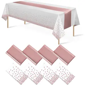 8pack disposable plastic tablecloths and satin table runner set white and rose gold dot tablecloth rose gold satin table runner for wedding birthday anniversary christmas new year party decorations