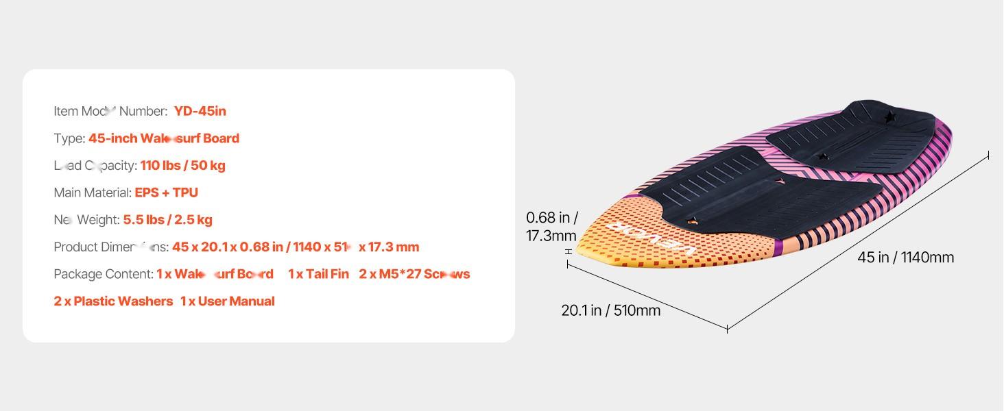 45-Inch Wakesurf Board For Youth Up To 110 Lbs, Wake Surfing Board With EPS Foam Core And EVA Non-Slip Pad, UV-Resistant Wakesurfing Board For Beginners, Stable, Durable Watersports Equipment