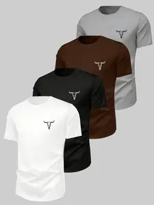 Western Skull Round Neck T-Shirt 4-Pack, Jeans Style Casual Men's Multi-Color Set, Retro Vintage Western, All Seasons Slim Fit Top