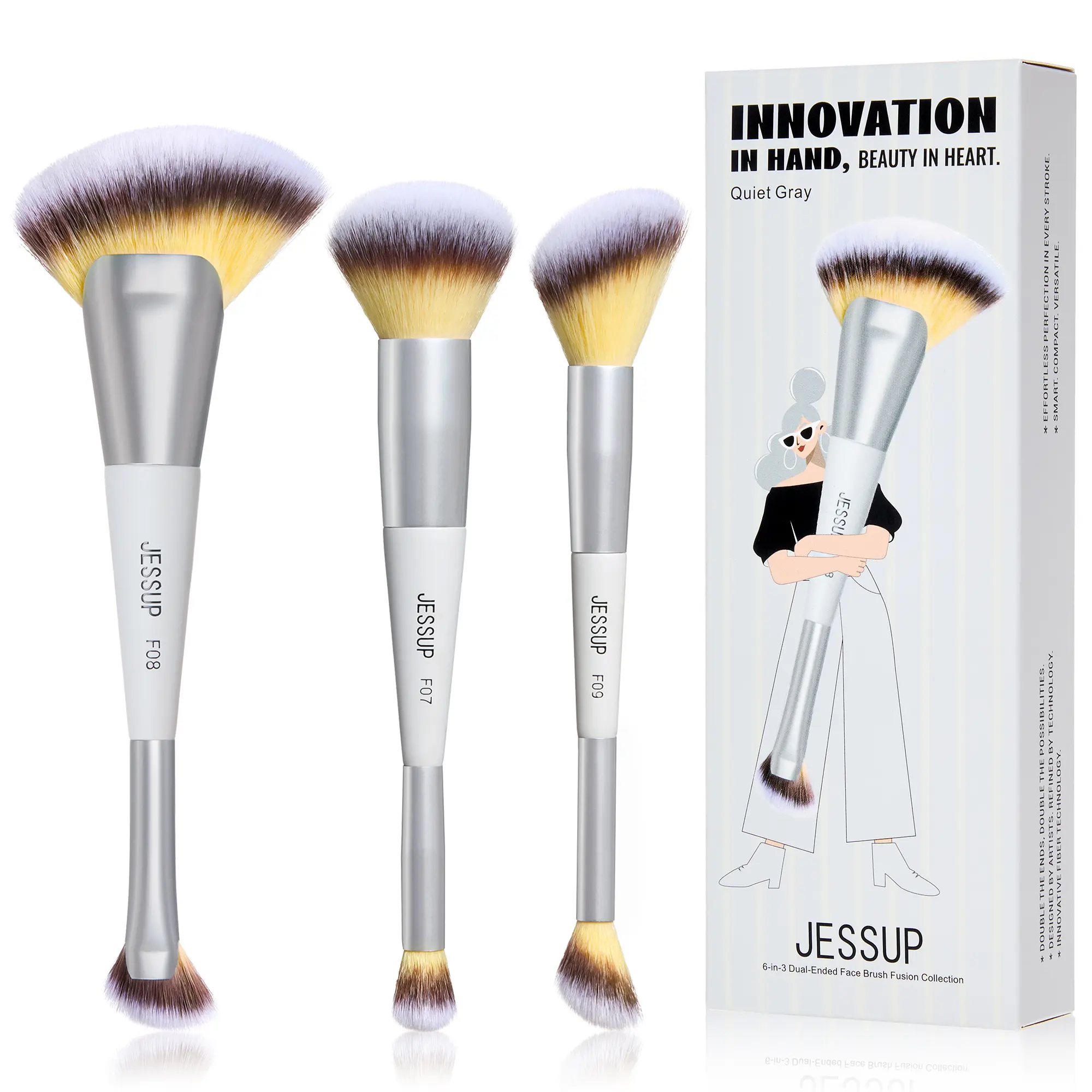 Jessup Face Makeup Brush Set 3pcs Double Sided Makeup Brushes for Foundation Contour Blush Highlight Concealer, Cruelty Free Cosmetic Tools Quiet Gray T521