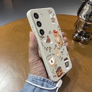 Cute Cartoon Coffee Bear Pattern Phone Case with Hand Strap, Decorative Phone Protector Cover, Phone Accessories Compatible with Samsung A55 A15 A25 A35 A05S A04E A14 A24 A34 A54 A03S A13 A23 A33 A53 A12 A32 A52S A21S A51, Casing