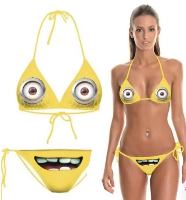 Women’s Yellow Cartoon Eye Bikini Set, Funny Face Triangle Top and Tie-Side Swimwear