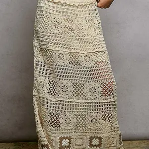 POL Floral Crochet Ruffled Waistband Maxi Skirt with Granny Square Weave