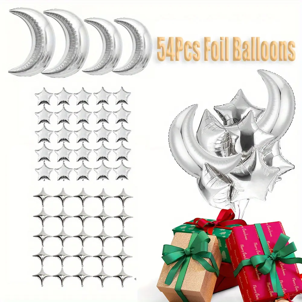 50pcs Silver Star Aluminum Foil and 2 big and 2 small moon Balloon Combination Birthday Party Star Moon Combination Wedding Christmas Anniversary Engagement Wedding Birthday Party Decoration 55Pcs