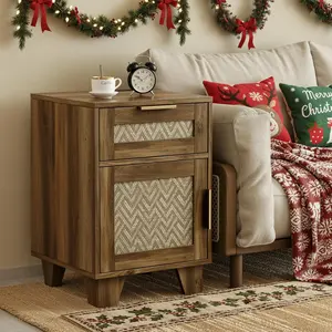 【SPOTLIGHT DAY】ONBRILL End Table with Storage & Charging Station, Farmhouse Wood Night Stand with Drawers, Adjustable Shelf, Bed Side Tables for Small Space, Living Room, Bedroom