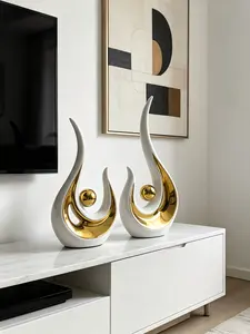 Modern Abstract White & Gold 2-Piece Ceramic Sculpture Set, Light Glossy Reflective Metallic Luxury Decor Centerpieces for Living Room, Entryway, Elegant Home Decor, Perfect Housewarming & Wedding Giftbedroom decor home essentialsHome Essentialsbedroom