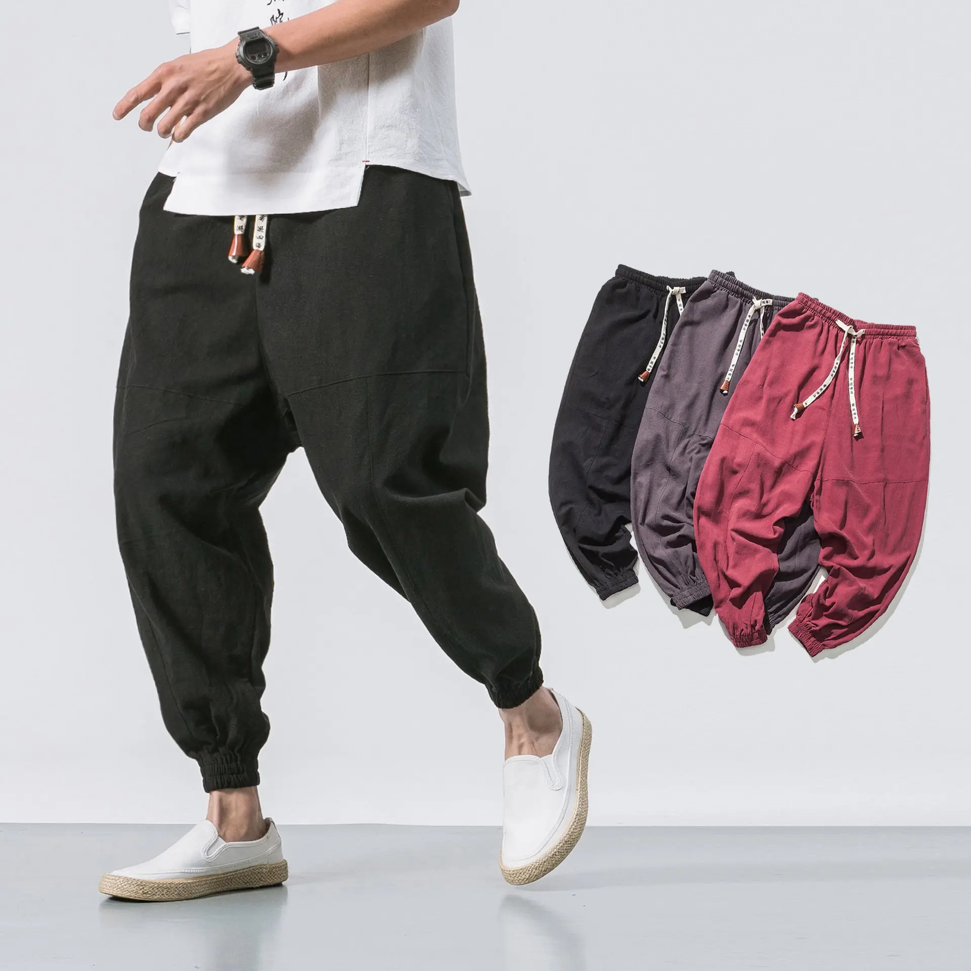 Men's Navy & Black Plain Cotton-Linen Pants - Loose-Fitting, Middle Waist, Lightweight Spring Casual Japanese Menswear Bottoms (Small, 3XL,4XL,5XL), Fabric, Trouser, No
