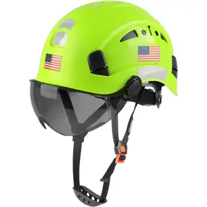 Vented Hard Hat with Visor & Chin Strap, Lightweight ABS Safety Hardhat with Ratchet Suspension, Flip-Up Visor, Hi-Viz Reflective Strips, for Construction & Industrial Work