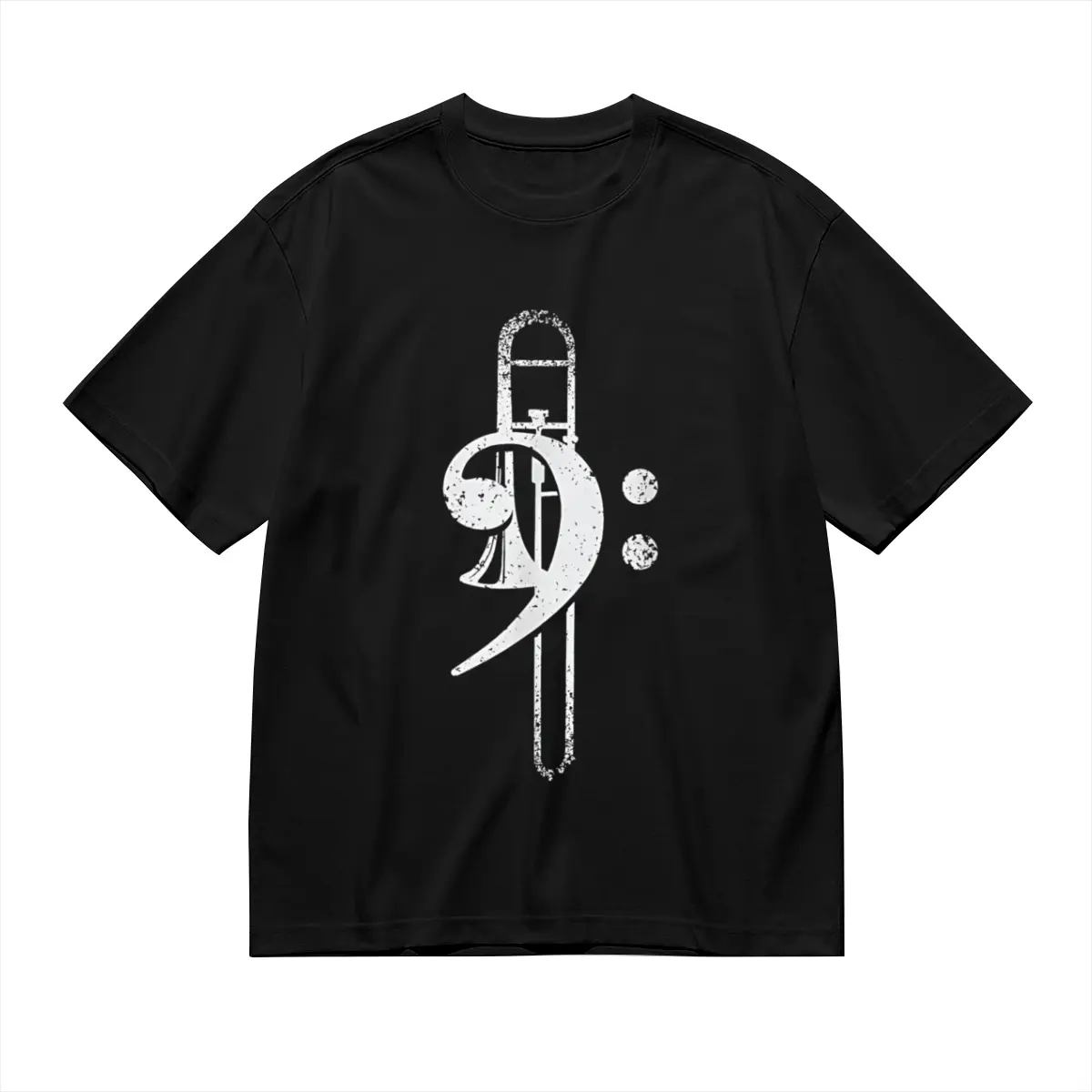 Unisex Retro Trombone Music Graphic T-Shirt, Classic Musical Note Print Black Cotton Round Neck Tee All-Season Durable Casual Wear for Band And Music Lovers