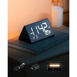 VEVOR Digital Alarm Clock, Wooden Desk Clock with Dual Alarm, USB Port, Snooze, Night Light, Voice Control, Adjustable Volume, Bedside Desktop Clock with Charger for Bedroom, Kitchen, Office, Black